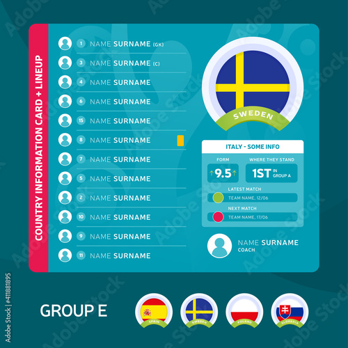 Sweden group E Football 2020 tournament final stage vector illustration. Country team lineup table with place for information. 2020 soccer tournamet Vector country flags.