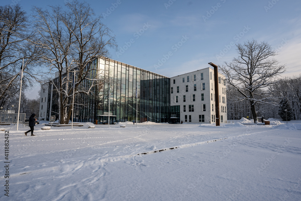 Concert hall in Estonia. Winter landscape.