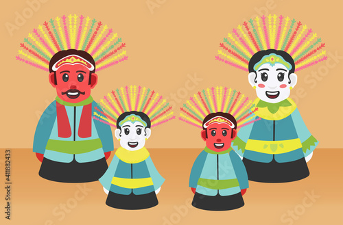 Giant Puppets Ondel-ondel culture of Jakarta. Ondel - ondel, giant puppet. The traditional puppets origin Jakarta Indonesia. Mascot of Jakarta - Betawi. Vector illustration style for wallpaper, poster