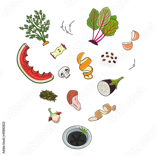 Food waste disposer for kitchen sink with kitchen scraps falling into it. Home garbage disposal. Recycling organic waste. Sustainable living, zero waste concept
