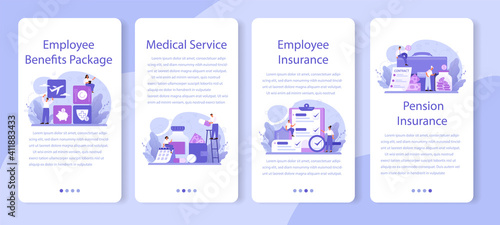 Employee benefits package mobile application banner set. Compensation