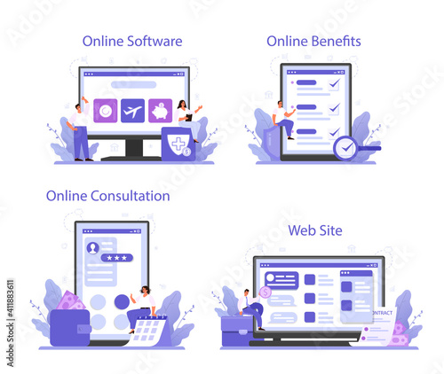 Employee benefits package online service or platform set. Compensation