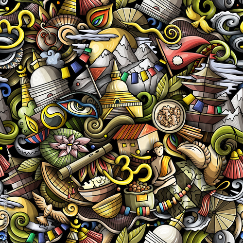 Cartoon doodles Nepal seamless pattern.