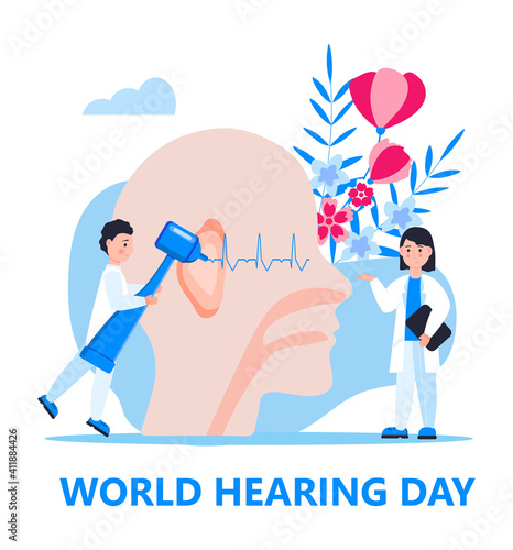 World hearing day concept vector for medical banner, web, app. Tiny doctor treats and examines patient ear. Otolaryngology health care