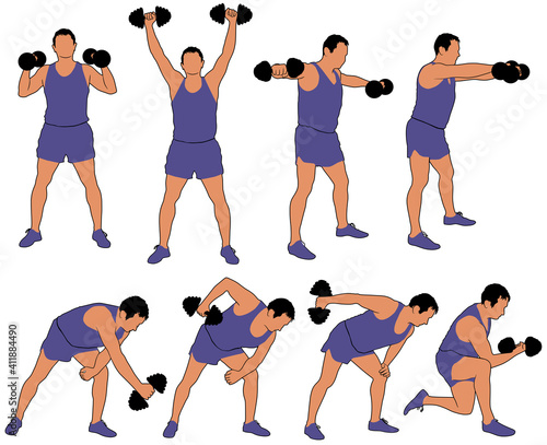 Set of vector icons of man in costume working out with dumbbells. Colored silhouettes of boy doing fitness exercises with weights for muscles of arms.