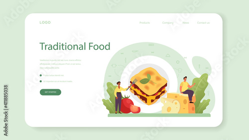Tasty lasagna web banner or landing page. Italian delicious