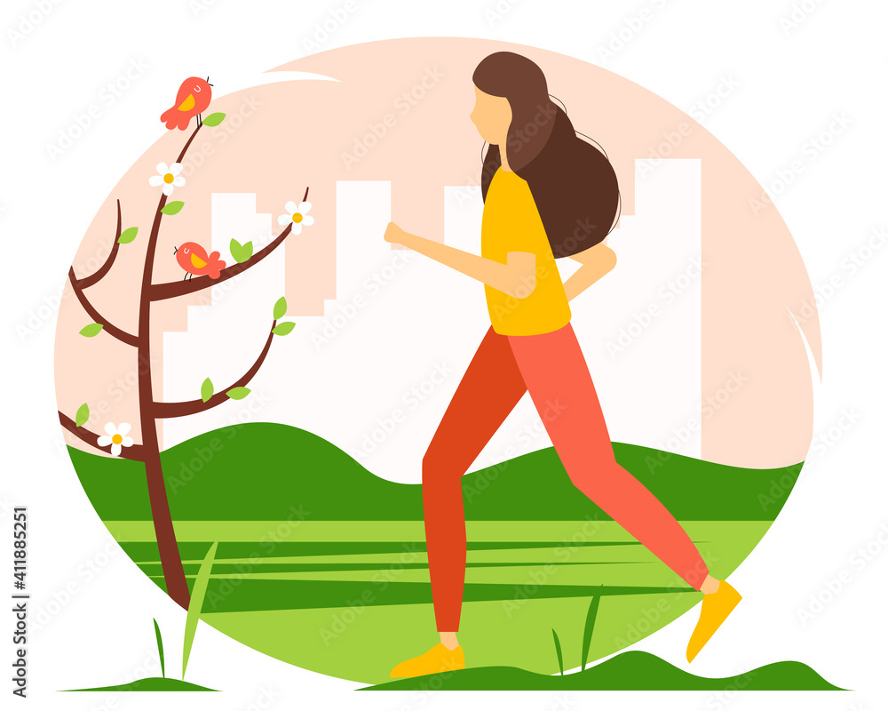Concept illustration for a healthy lifestyle, sports, and Jogging. Woman running in the park in spring. Cute vector illustration in flat style. Concept illustration for a healthy lifestyle, sports, and Jogging. Woman running in the park in spring. Cute vector illustration in flat style.
