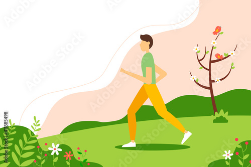 Man jogging in the morning in spring. Concept illustration for healthy lifestyle, exercising, jogging. Vector illustration in flat style.