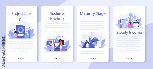 Maturity stage mobile application banner set. Project life cycle period.