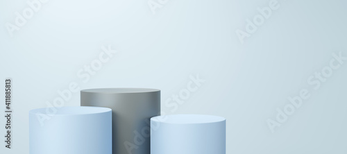 Empty gray and blue cylinder podium floating on white copy space background. Abstract minimal studio 3d geometric shape object. Pedestal mockup space for display of product design. 3d rendering. © media-ja