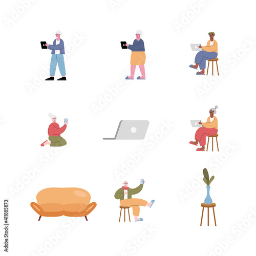 interracial old people using technology and set icons