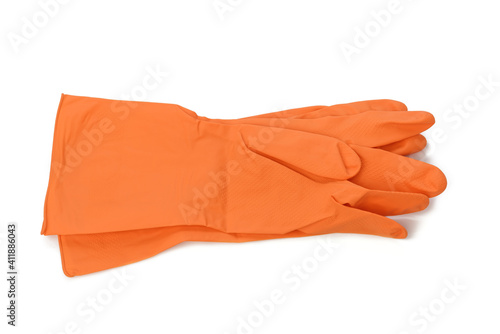 pair of orange protective rubber gloves for cleaning on a white background