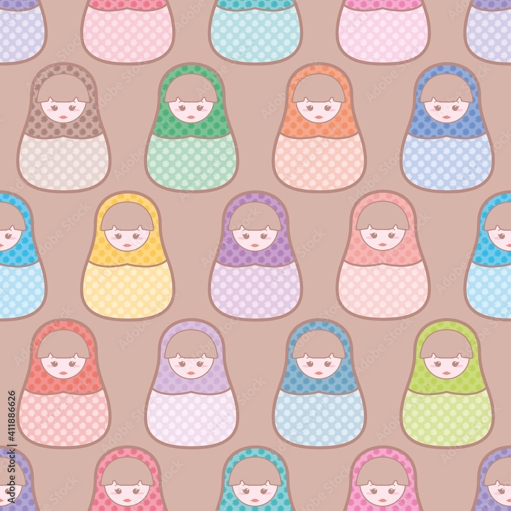 Cute matryoshka vector repeat pattern. Nesting doll with daisy dress illustration background.