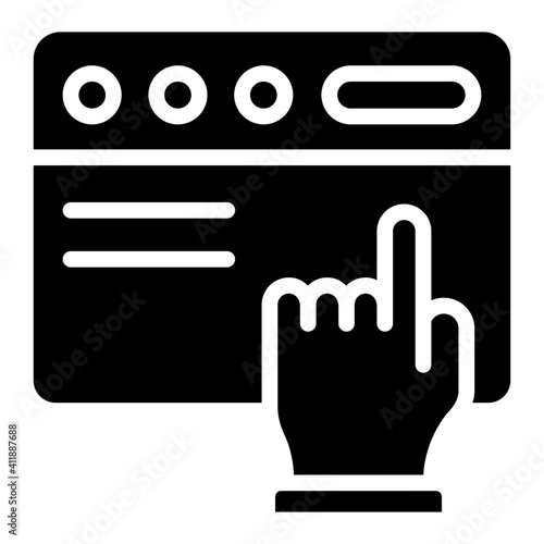 Hand on web page, online reading icon