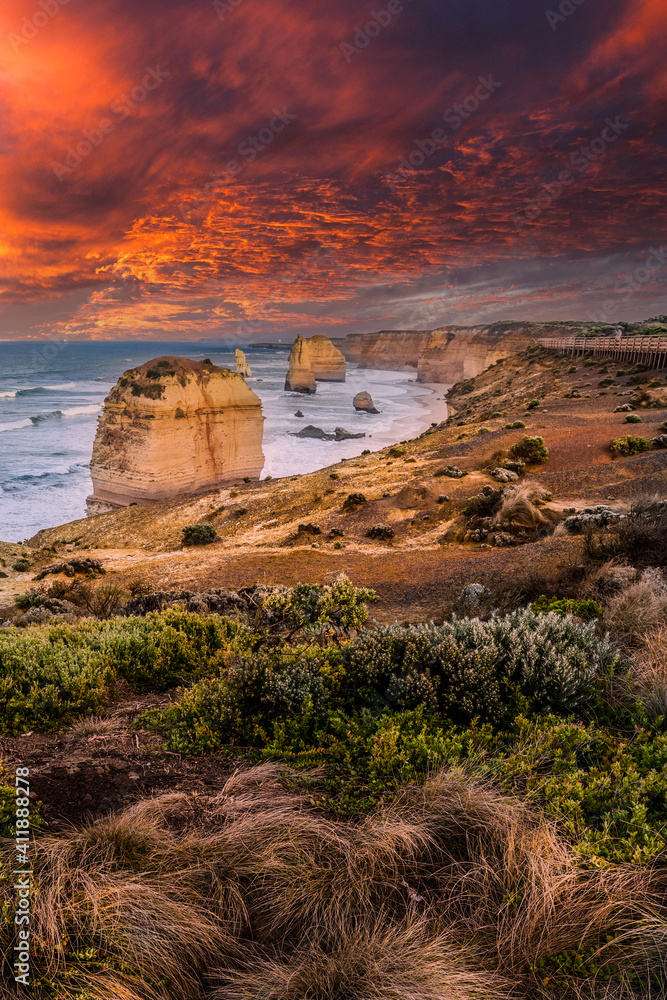 Sunset at the twelve Apostles along the famous Great Ocean Road in Victoria, Australia