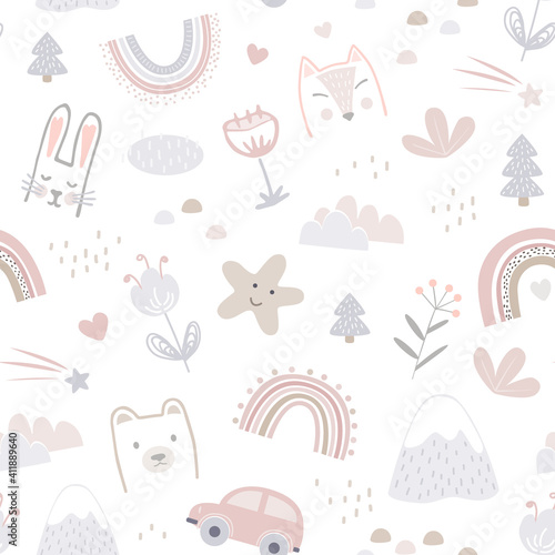 Seamless pattern with cute animals faces and childhood symbols. Childish print for nursery in a Scandinavian style for baby clothes, interior, packaging. Vector cartoon illustration in pastel colors