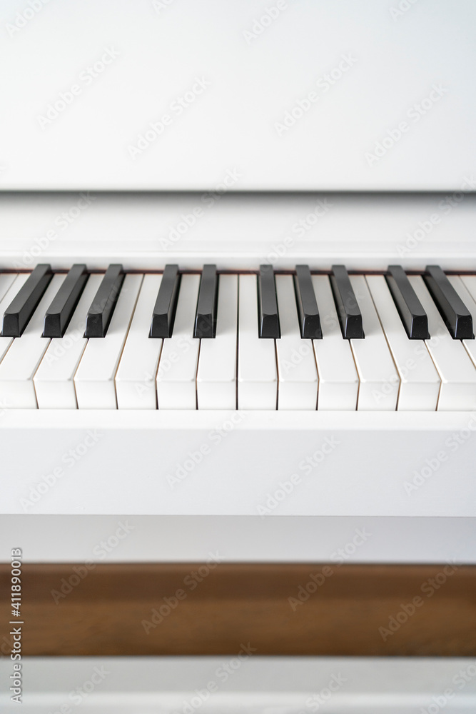 Piano keyboard. Classical music on electronic digital piano. Beautiful white piano keys instrument. Piano keyboard. Classical music on electronic digital piano. Beautiful white piano keys instrument.