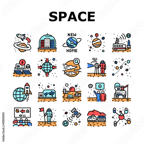 Space Base New Home Collection Icons Set Vector. Space Base Construction And Greenhouse, Planet Colonization And Building City Concept Linear Pictograms. Contour Color Illustrations