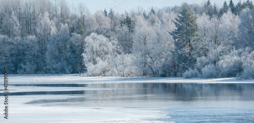 Cold morning in a wintry landscape. Farnebofjarden national park in north of Sweden