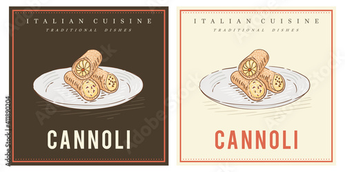 Cannoli italian pastry dessert vintage illustration