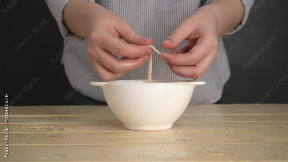 Girl prepares pork intestines, sausage casing Girl prepares pork intestines, sausage casing