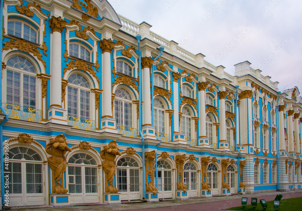 The Catherine Palace is a Rococo palace in Tsarskoye Selo, Russia.