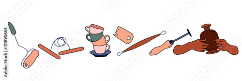 Clay crafting equipment set in doodle style. Pottery making, tools and instruments for workshop. Sculpture art and ceramics production. Handiwork process or hobby.Vector.Horizontal banner