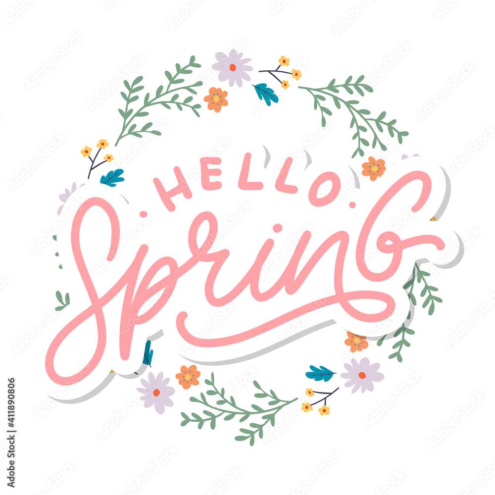 Hello Spring Flowers Text Background Frame lettering slogan