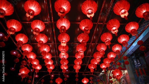 Many Beautiful of Chinese red larntern hanging decorate for new year celebration with Good Lunch letter
