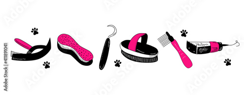 Grooming tools for dog`s fur and nails care.Vector set in doodle style.Glamour vet equipment.Clipping,combing and washing. Online pet shop.Goods for domestic animal.Salon at home.Pink and black