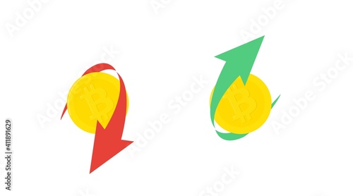 Vector Isolated Illustration of Bitcoins with Green and Red Arrows. Bitcoin Trading Icon Set