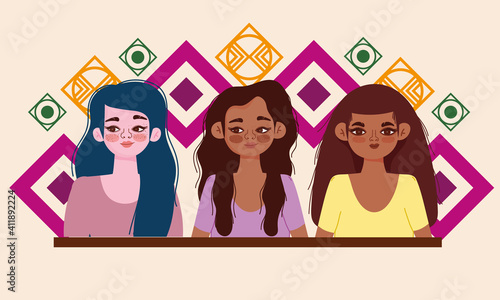diversity women cartoon portrait, diverse group female
