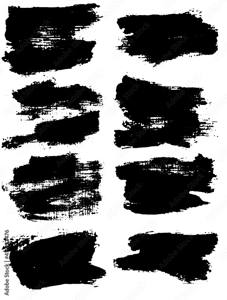 Black brush strokes set backgrounds. Artistic lines grunge collection. Set of black grungy hand painted brush strokes isolated on white. Abstract ink texture, design elements.