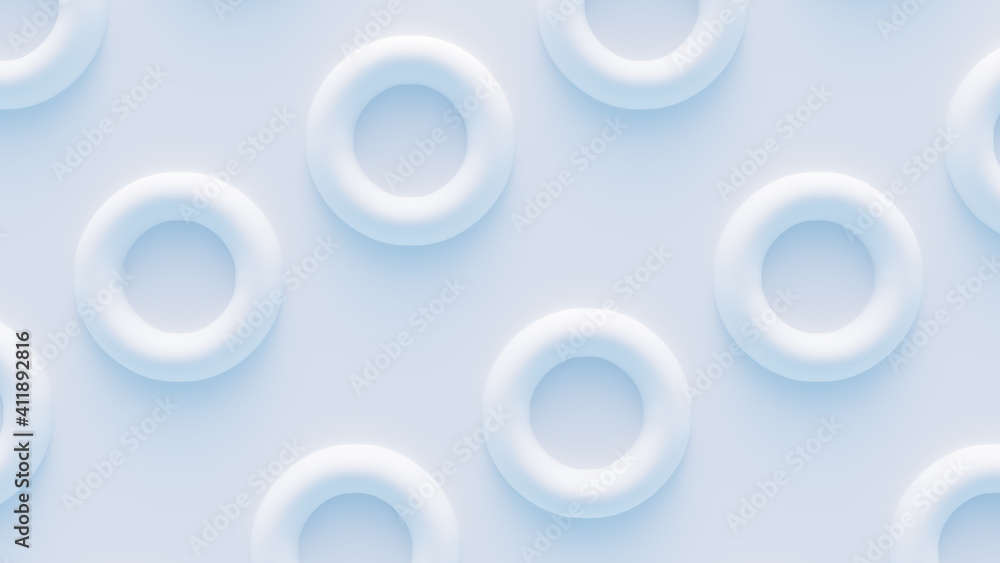 Abstract white background. Rings on the plane. A pattern of tori. 3d image.