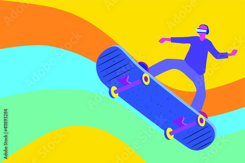 Low angle view man wear vr glasses and play skateboard game , futuristic game concept , illustration picture.