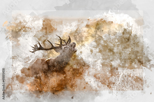 Digital watercolor painting of Beautiful image of red deer stag in vibrant golds and browns of Autumn Fall landscape forest