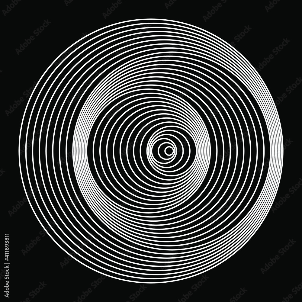 Abstract white concentric circles. Vector illustration. Design element for technology round logo, striped border frame, blackout tattoo, prints, monochrome pattern and abstract background Abstract white concentric circles. Vector illustration. Design element for technology round logo, striped border frame, blackout tattoo, prints, monochrome pattern and abstract background