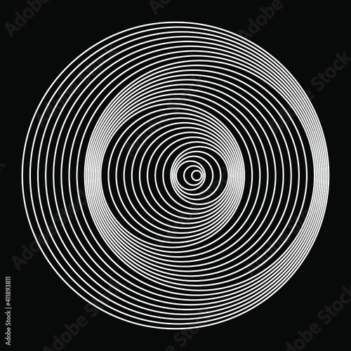 Abstract white concentric circles. Vector illustration. Design element for technology round logo, striped border frame, blackout tattoo, prints, monochrome pattern and abstract background