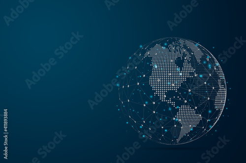 Abstract mash line and point scales on dark background with Map World representing the global . Wire frame 3D mesh polygonal network line, design sphere, dot and structure. Vector illustration eps 10.