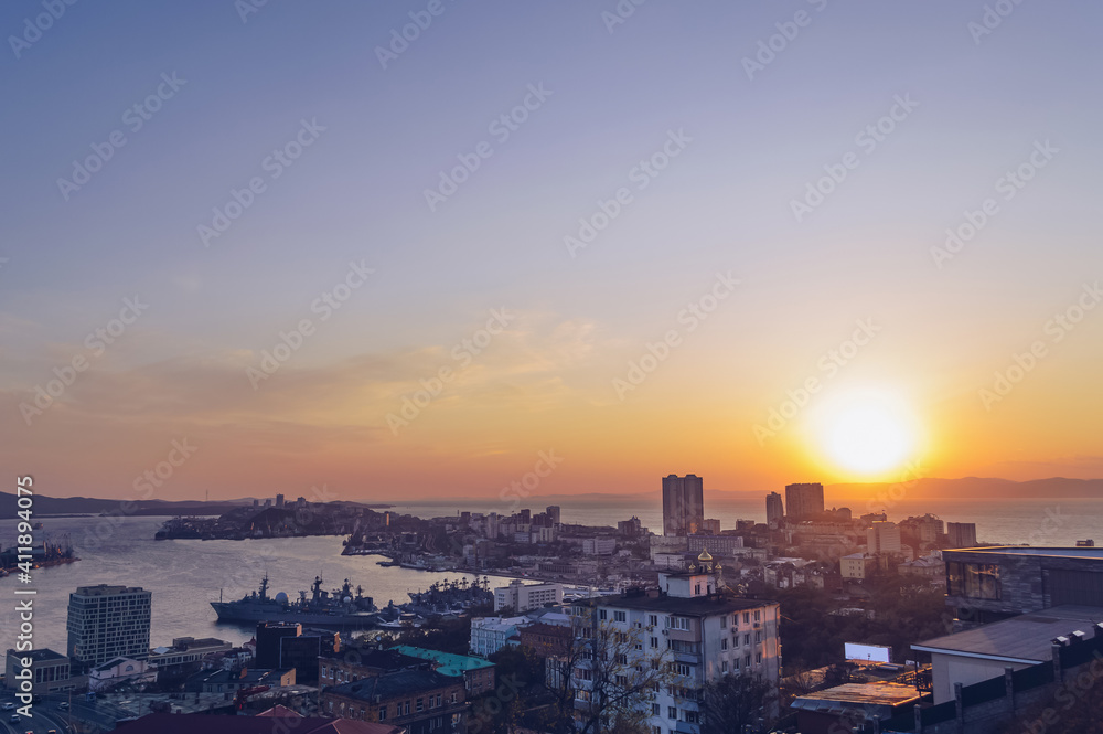 beauty of sunset over city of Vladivostok