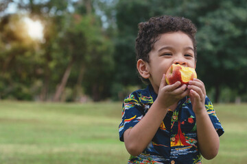 Portrait of half African half Asian 4 year old child happy to eat an apples at outdoor park, healthy fruit for children