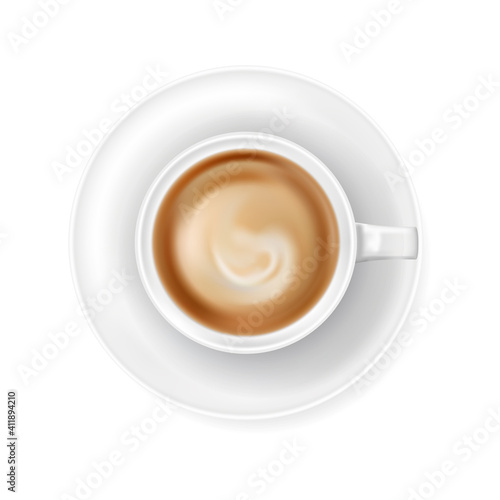 Top view at white coffee cup on plate. Realistic vector illustration of hot coffee drink mug - cappucino or latte. 3d caffeine beverage element for cafe menu