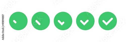 Ok button. Check mark animation kit, green color tokens, flat tick signs, vote icons. Vector illustration