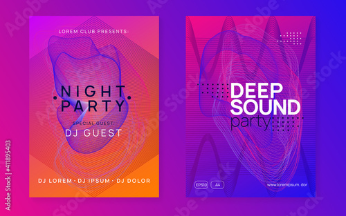 Neon edm flyer. Electro trance music. Techno dj party. Electronic sound event. Club dance poster.