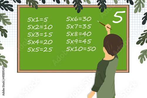 Multiplication Square. School vector illustration. Pupil boy does his hometask on the desk. Multiplication Table. Poster for kids education. Maths child card. Child home education. Schooling.