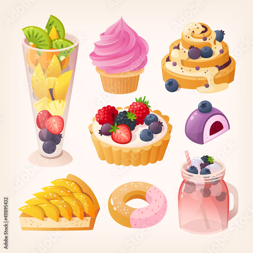 A set of colourful fruit desserts images. Cupcake, pies, donut and lemonade with blueberry, blackberry and strawberry with fruit and vanilla cream toppings. Isolated vector illustrations 