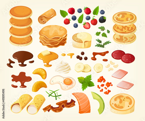 Elements to create your own pancakes breakfast. Stack of pancakes, chocolate and caramel toppings and additional foods and fruits. Isolated vector images