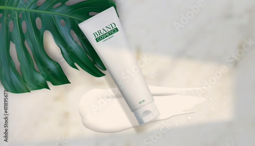 Cosmetics bottles skin care mockup, beauty product with cream smear brush strokes on Monstera Deliciosa and Marble pattern background.3D vector illustration.