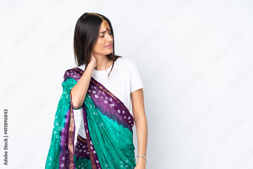 Young Indian woman isolated on white background with neckache Young Indian woman isolated on white background with neckache