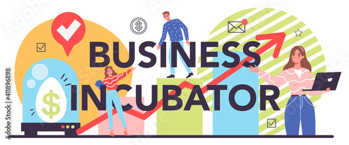 Business incubator typographic header. Business people and investors supporting